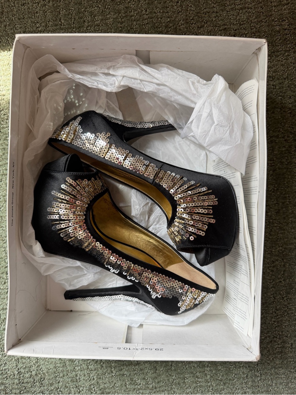 Nine West Black Peep-Toe Stiletto Heels with Gold & Silver Sequins